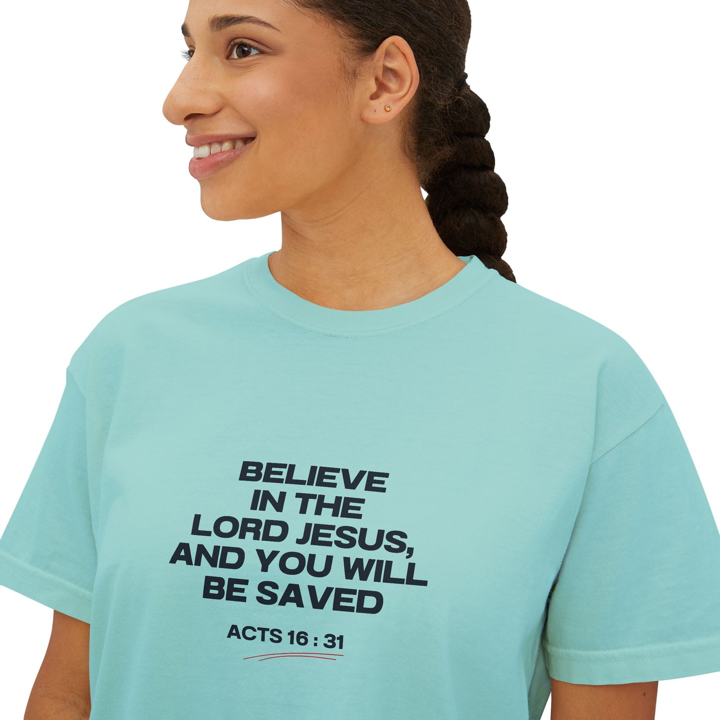 Women's "Acts 16:31" Boxy Tee