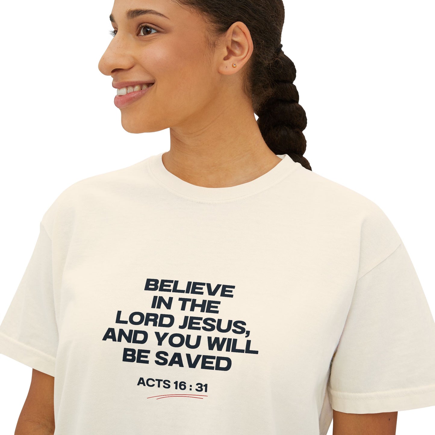 Women's "Acts 16:31" Boxy Tee