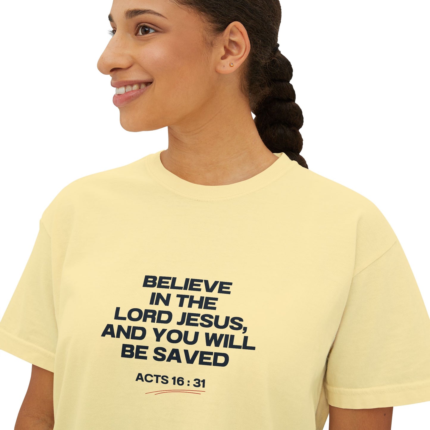 Women's "Acts 16:31" Boxy Tee