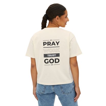 Women’s "Pray, Work, Trust God" Boxy Tee | Faith-Based Oversized T-Shirt | Christian Cropped Relaxed Fit - Image 4